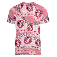 Japanese Daruma Doll Palaka Women V-Neck T-Shirt Cherry Blossoms With Shell Lei LT14 - Polynesian Pride
