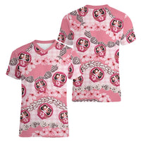 Japanese Daruma Doll Palaka Women V-Neck T-Shirt Cherry Blossoms With Shell Lei LT14 - Polynesian Pride