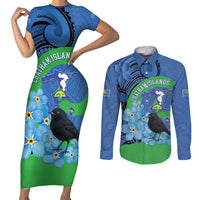 New Zealand Chatham Islands Couples Matching Short Sleeve Bodycon Dress and Long Sleeve Button Shirt Wharekauri Forget Me Not With Black Robin