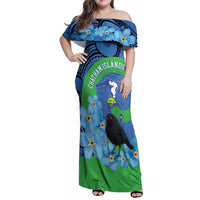 New Zealand Chatham Islands Family Matching Off Shoulder Maxi Dress and Hawaiian Shirt Wharekauri Forget Me Not With Black Robin