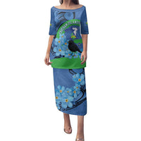 New Zealand Chatham Islands Family Matching Puletasi and Hawaiian Shirt Wharekauri Forget Me Not With Black Robin