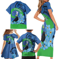 New Zealand Chatham Islands Family Matching Short Sleeve Bodycon Dress and Hawaiian Shirt Wharekauri Forget Me Not With Black Robin