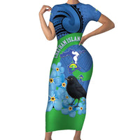 New Zealand Chatham Islands Family Matching Short Sleeve Bodycon Dress and Hawaiian Shirt Wharekauri Forget Me Not With Black Robin