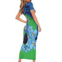New Zealand Chatham Islands Family Matching Short Sleeve Bodycon Dress and Hawaiian Shirt Wharekauri Forget Me Not With Black Robin