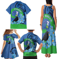 New Zealand Chatham Islands Family Matching Tank Maxi Dress and Hawaiian Shirt Wharekauri Forget Me Not With Black Robin