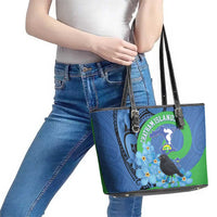 New Zealand Chatham Islands Leather Tote Bag Wharekauri Forget Me Not With Black Robin LT14 - Polynesian Pride