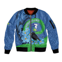New Zealand Chatham Islands Sleeve Zip Bomber Jacket Wharekauri Forget Me Not With Black Robin