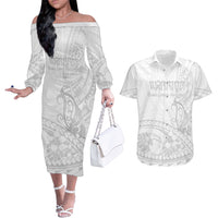 Polynesia Brain Cancer Awareness Couples Matching Off The Shoulder Long Sleeve Dress and Hawaiian Shirt In May We Wear Grey LT14 White - Polynesian Pride