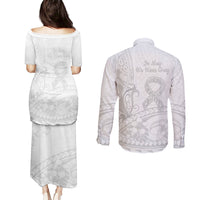 Polynesia Brain Cancer Awareness Couples Matching Puletasi and Long Sleeve Button Shirt In May We Wear Grey