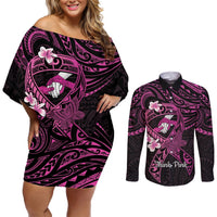 Polynesia Breast Cancer Awareness Couples Matching Off Shoulder Short Dress and Long Sleeve Button Shirt Pink Ribbon No One Fights Alone - Black LT14 Black - Polynesian Pride
