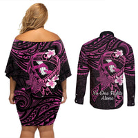 Polynesia Breast Cancer Awareness Couples Matching Off Shoulder Short Dress and Long Sleeve Button Shirt Pink Ribbon No One Fights Alone - Black LT14 - Polynesian Pride