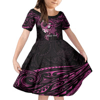 Polynesia Breast Cancer Awareness Family Matching Puletasi and Hawaiian Shirt Pink Ribbon No One Fights Alone - Black LT14 Daughter's Dress Black - Polynesian Pride
