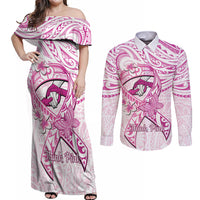 Polynesia Breast Cancer Awareness Couples Matching Off Shoulder Maxi Dress and Long Sleeve Button Shirt Pink Ribbon No One Fights Alone - White LT14 White - Polynesian Pride