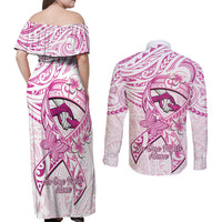 Polynesia Breast Cancer Awareness Couples Matching Off Shoulder Maxi Dress and Long Sleeve Button Shirt Pink Ribbon No One Fights Alone - White LT14 - Polynesian Pride