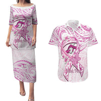 Polynesia Breast Cancer Awareness Couples Matching Puletasi and Hawaiian Shirt Pink Ribbon No One Fights Alone - White LT14 White - Polynesian Pride