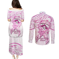 Polynesia Breast Cancer Awareness Couples Matching Puletasi and Long Sleeve Button Shirt Pink Ribbon No One Fights Alone - White LT14 - Polynesian Pride