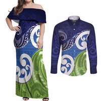 Southland New Zealand Couples Matching Off Shoulder Maxi Dress and Long Sleeve Button Shirt Maori Koru Flag Color