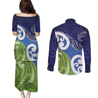 Southland New Zealand Couples Matching Puletasi and Long Sleeve Button Shirt Maori Koru Flag Color