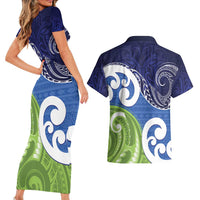 Southland New Zealand Couples Matching Short Sleeve Bodycon Dress and Hawaiian Shirt Maori Koru Flag Color