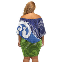 Southland New Zealand Family Matching Off Shoulder Short Dress and Hawaiian Shirt Maori Koru Flag Color