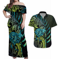 Southland Takehe Pounama Couples Matching Off Shoulder Maxi Dress and Hawaiian Shirt Aotearoa Poutama Paua Shell Fern