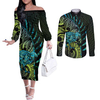 Southland Takehe Pounama Couples Matching Off The Shoulder Long Sleeve Dress and Long Sleeve Button Shirt Aotearoa Poutama Paua Shell Fern