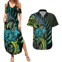 Southland Takehe Pounama Couples Matching Summer Maxi Dress and Hawaiian Shirt Aotearoa Poutama Paua Shell Fern