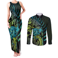 Southland Takehe Pounama Couples Matching Tank Maxi Dress and Long Sleeve Button Shirt Aotearoa Poutama Paua Shell Fern