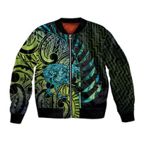 Southland Takehe Pounama Sleeve Zip Bomber Jacket Aotearoa Poutama Paua Shell Fern