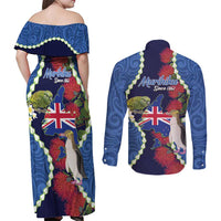 Southland Anniversary Day Couples Matching Off Shoulder Maxi Dress and Long Sleeve Button Shirt Murihiku 1861 Maori Bird Mix Pohutukawa