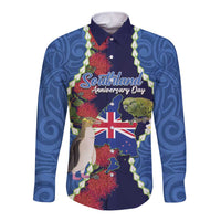 Southland Anniversary Day Long Sleeve Button Shirt Murihiku 1861 Maori Bird Mix Pohutukawa LT14 Unisex Blue - Polynesian Pride