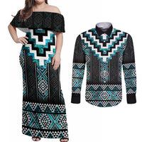 Paua Shell Taniko Pattern Aotearoa Couples Matching Off Shoulder Maxi Dress and Long Sleeve Button Shirt Niho Taniwha Mix Poutama LT14 Turquoise - Polynesian Pride