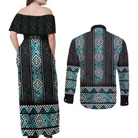 Paua Shell Taniko Pattern Aotearoa Couples Matching Off Shoulder Maxi Dress and Long Sleeve Button Shirt Niho Taniwha Mix Poutama LT14 - Polynesian Pride