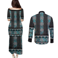 Paua Shell Taniko Pattern Aotearoa Couples Matching Puletasi and Long Sleeve Button Shirt Niho Taniwha Mix Poutama LT14 - Polynesian Pride