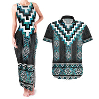 Paua Shell Taniko Pattern Aotearoa Couples Matching Tank Maxi Dress and Hawaiian Shirt Niho Taniwha Mix Poutama LT14 Turquoise - Polynesian Pride
