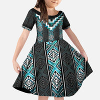 Paua Shell Taniko Pattern Aotearoa Family Matching Off The Shoulder Long Sleeve Dress and Hawaiian Shirt Niho Taniwha Mix Poutama