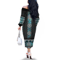 Paua Shell Taniko Pattern Aotearoa Family Matching Off The Shoulder Long Sleeve Dress and Hawaiian Shirt Niho Taniwha Mix Poutama