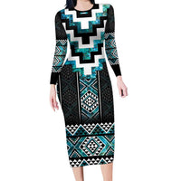 Paua Shell Taniko Pattern Aotearoa Long Sleeve Bodycon Dress Niho Taniwha Mix Poutama