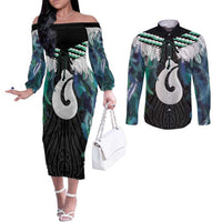 Aotearoa Korowai Motif Couples Matching Off The Shoulder Long Sleeve Dress and Long Sleeve Button Shirt Hei Matau Poutama Maori Pattern