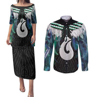 Aotearoa Korowai Motif Couples Matching Puletasi and Long Sleeve Button Shirt Hei Matau Poutama Maori Pattern LT14 Turquoise - Polynesian Pride