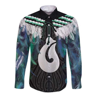 Aotearoa Korowai Motif Long Sleeve Button Shirt Hei Matau Poutama Maori Pattern LT14 Unisex Turquoise - Polynesian Pride