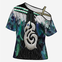Aotearoa Korowai Motif Cross Shoulder Shirt Hei Manaia Poutama Maori Pattern LT14 Female Turquoise - Polynesian Pride