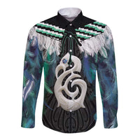 Aotearoa Korowai Motif Long Sleeve Button Shirt Hei Manaia Poutama Maori Pattern LT14 Unisex Turquoise - Polynesian Pride