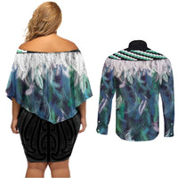 Aotearoa Korowai Motif Couples Matching Off Shoulder Short Dress and Long Sleeve Button Shirt Maori Wheku Poutama