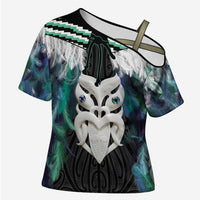 Aotearoa Korowai Motif Cross Shoulder Shirt Maori Wheku Poutama LT14 Female Turquoise - Polynesian Pride