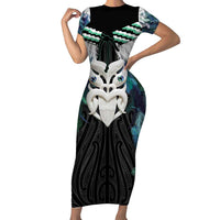 Aotearoa Korowai Motif Short Sleeve Bodycon Dress Maori Wheku Poutama