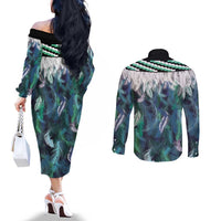 Aotearoa Korowai Motif Couples Matching Off The Shoulder Long Sleeve Dress and Long Sleeve Button Shirt Maori Tane Poutama