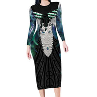 Aotearoa Korowai Motif Family Matching Long Sleeve Bodycon Dress and Hawaiian Shirt Maori Tane Poutama