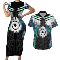 Aotearoa Korowai Motif Couples Matching Short Sleeve Bodycon Dress and Hawaiian Shirt Maori Koru Poutama