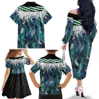Aotearoa Korowai Motif Family Matching Off The Shoulder Long Sleeve Dress and Hawaiian Shirt Maori Koru Poutama